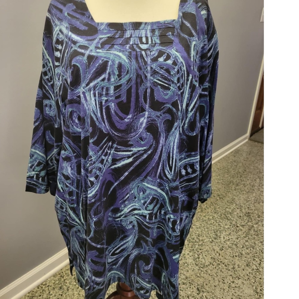 Catherines Women's 4X Blue White Green Abstract Print Button Front Shirt Dress